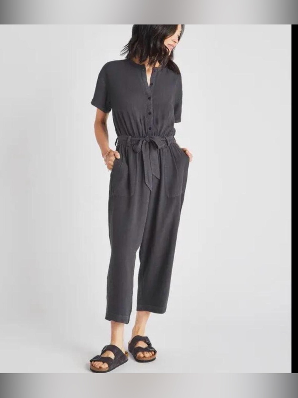 Splendid Black Short-Sleeve Button-Front Jumpsuit with Waist Tie